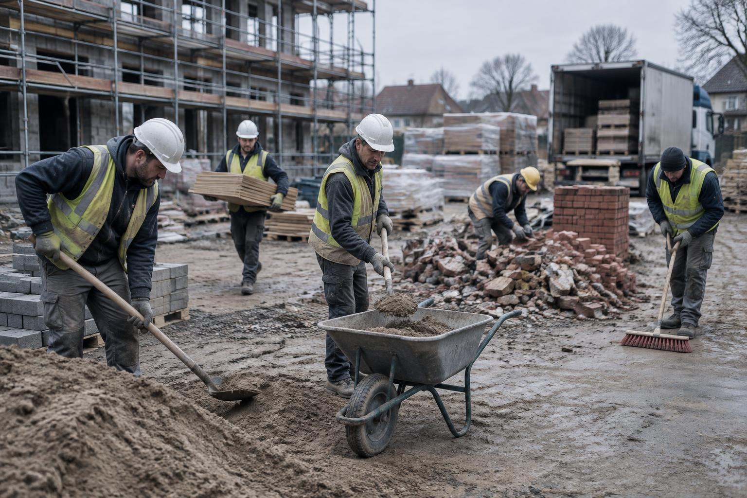 Menschen schaufeln, tragen und sortieren Material und räumen einen Arbeitsbereich auf einer Baustelle auf