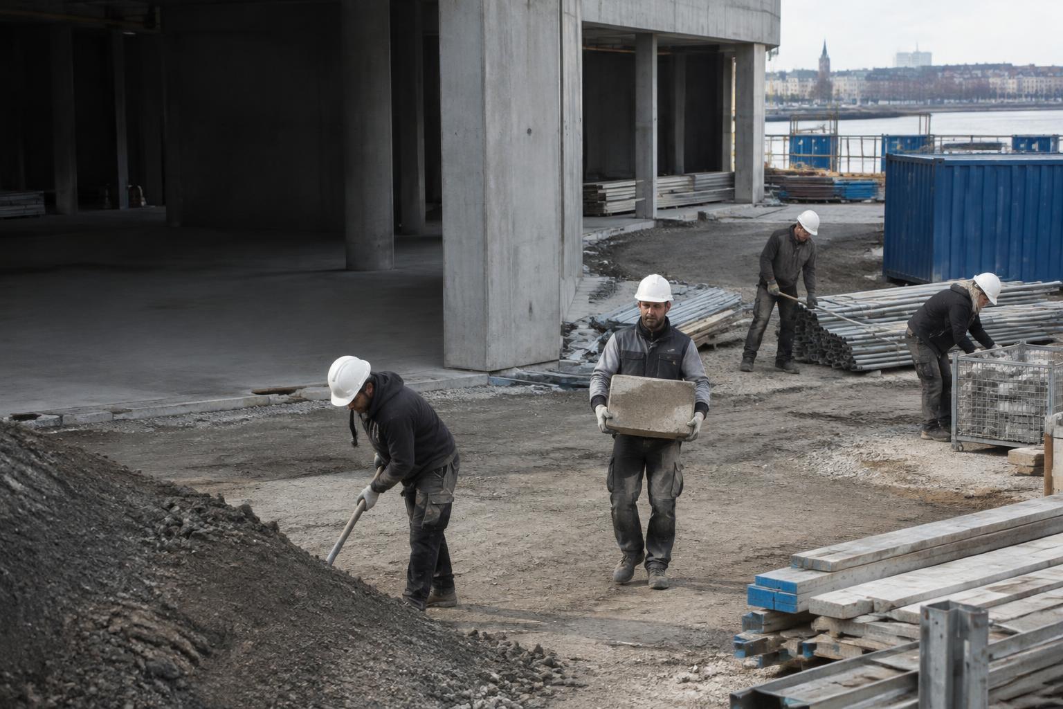 Mehrere Bauhelfer schaufeln, tragen und sortieren Material auf einer Baustelle in Hamburg