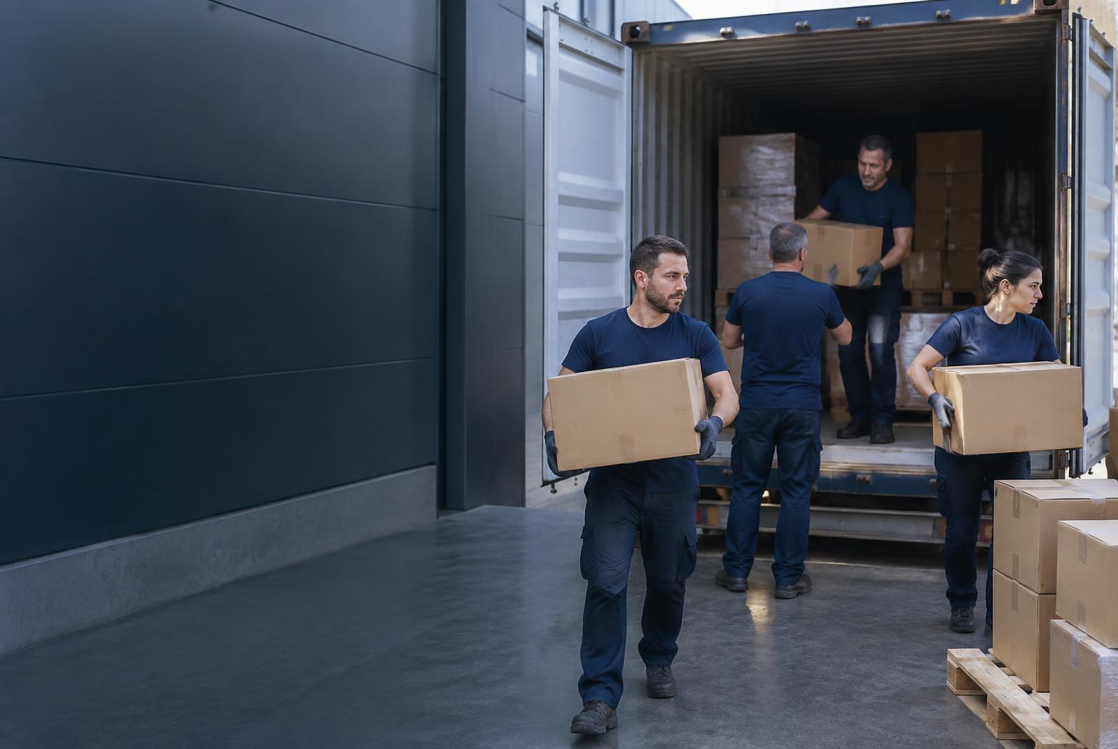 Mehrere Helfer tragen Kartons aus einem geöffneten Container in einen Lagerbereich