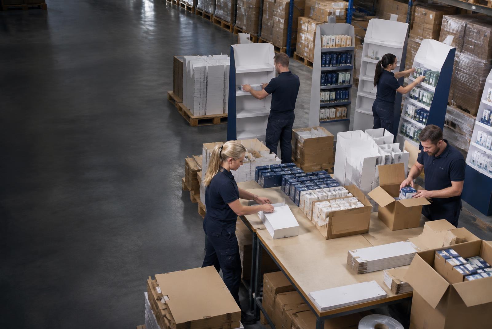 Mehrere Mitarbeiter bauen Verkaufsdisplays auf und bestücken sie mit Produkten