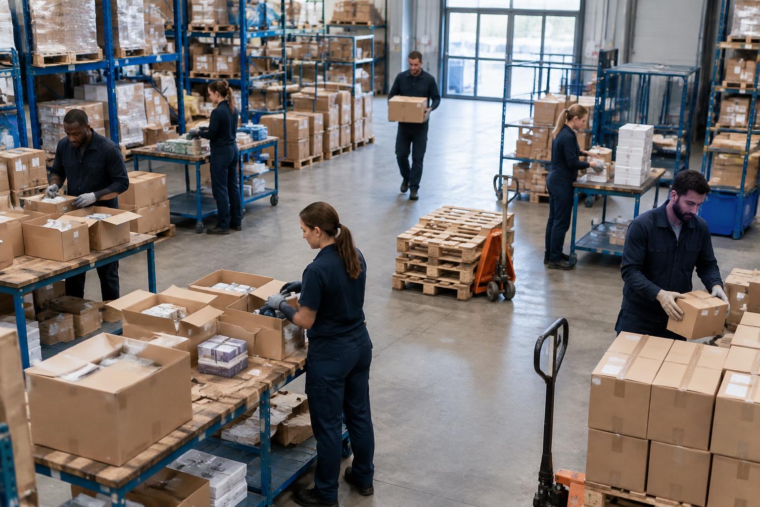 Mehrere Mitarbeiter bearbeiten Waren und Verpackungen in einem professionellen Lagerbereich